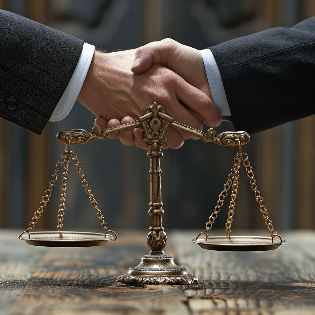 Aperto de mãos entre advogado e cliente sobre a balança da justiça